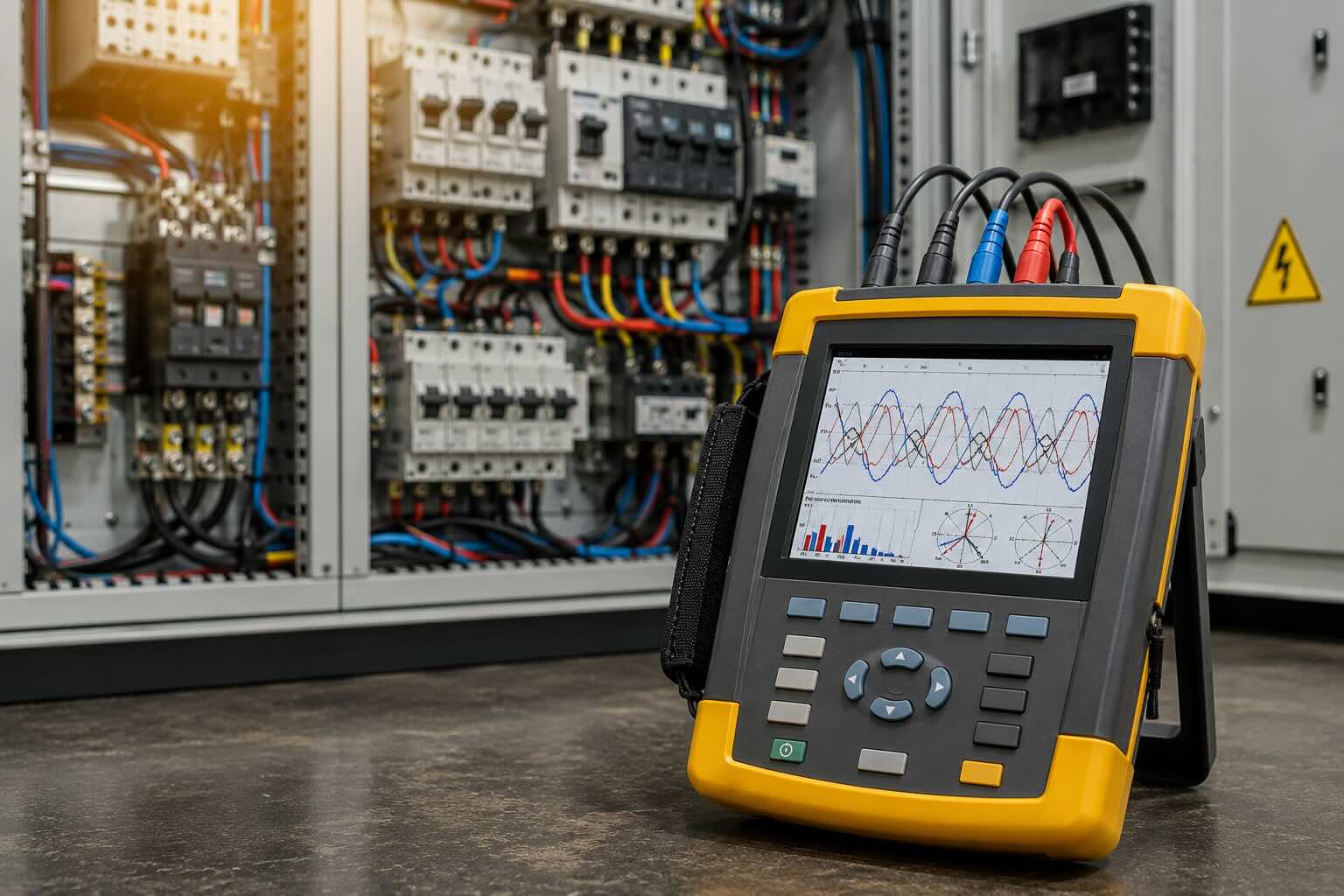 Analizador de calidad de energía conectado a tablero industrial