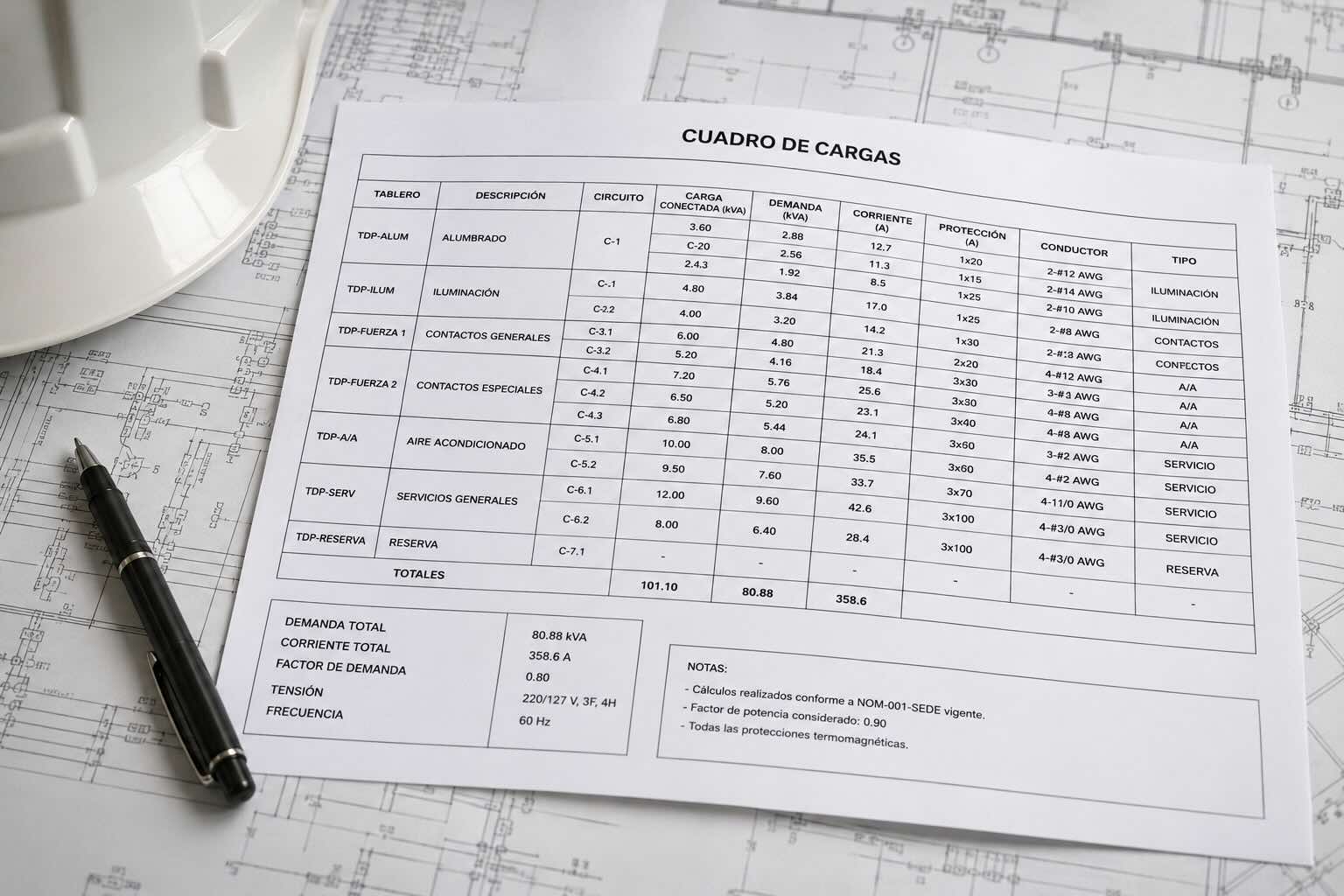 Cuadro de cargas eléctricas para proyecto