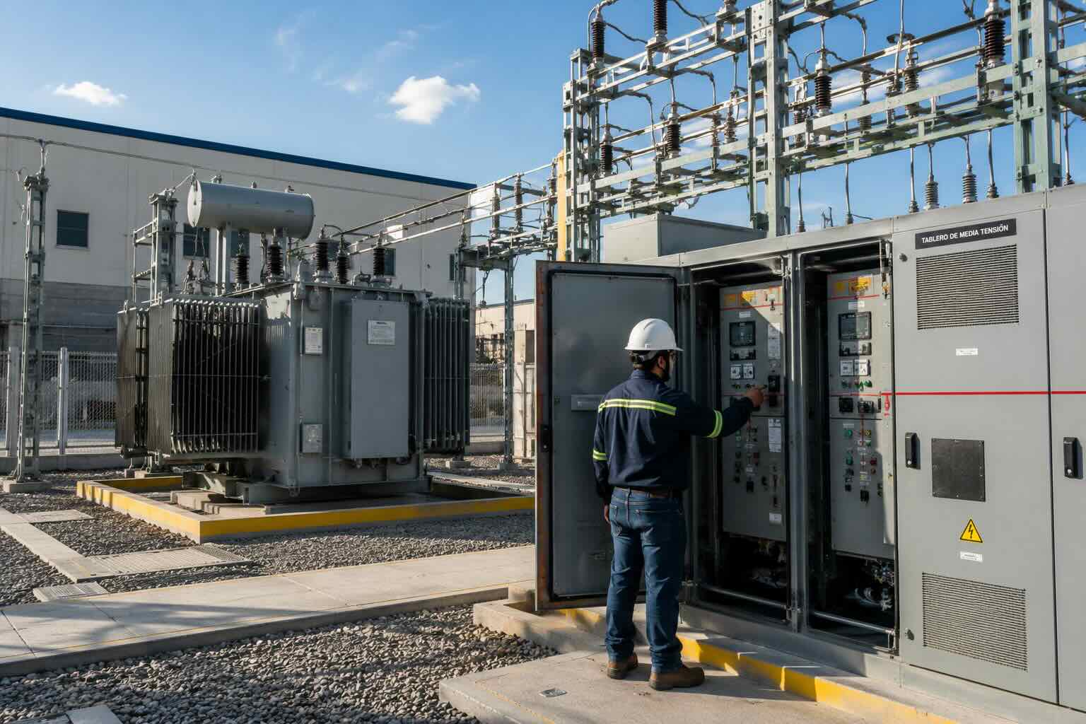 Subestación eléctrica industrial con tableros y equipos de media tensión