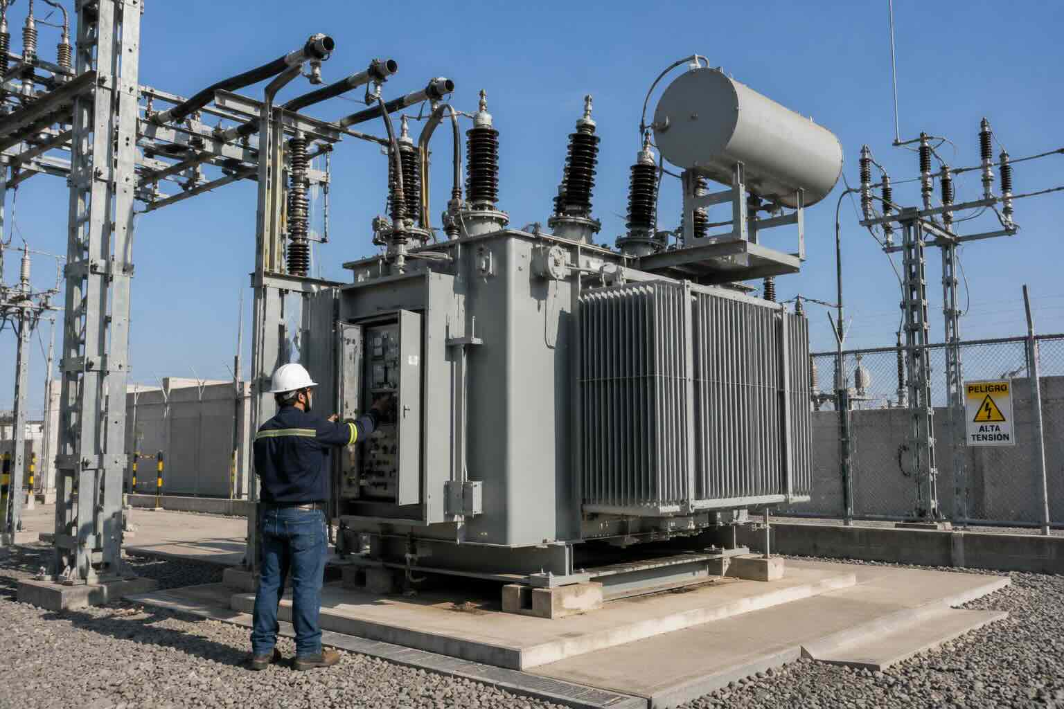 Transformador eléctrico industrial en instalación de media tensión